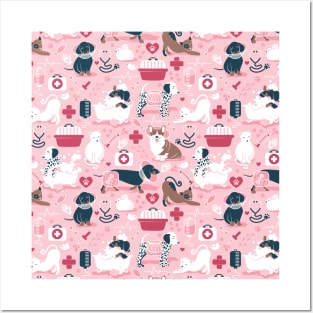 Veterinary medicine, happy and healthy friends // pattern // pastel pink background red details navy blue white and brown cats dogs and other animals Posters and Art